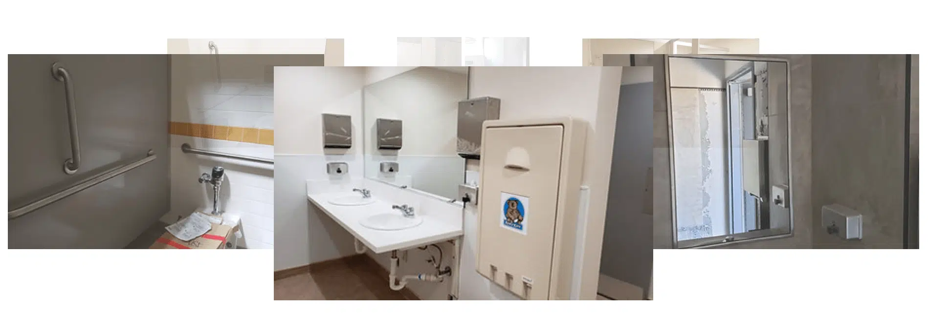A collage of images showing features of accessible bathroomsluding commercial bathroom supplies like grab bars near a toilet, sinks with mirrors and paper towel dispensers, and a shower area with assistive devices. The images highlight facilities designed to aid individuals with disabilities.