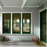 A cozy porch from Hearth & Home Specialties features light blue siding and green window frames. There's a dog bed on the floor, a small vintage trunk, and a ceiling light fixture. Large windows offer a peek into an inviting interior room, ideal for both quiet retreats or commercial charm.