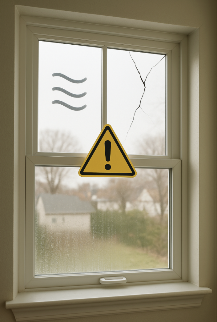 A yellow warning sign with an exclamation mark is placed on a window with a visible crack in the glass. Wavy lines are drawn on the upper left pane, and houses and trees can be seen outside.