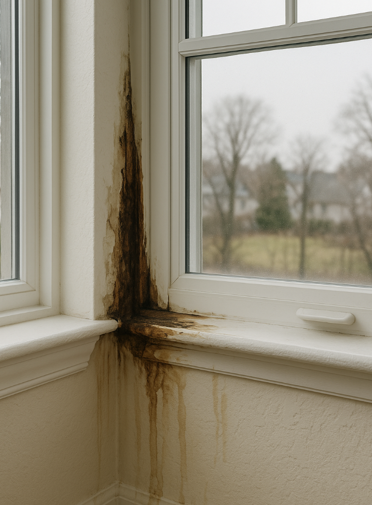 A corner of a room with two windows shows brown water stains and mold spreading down the wall and across the windowsill. Outside, leafless trees and houses are visible on a cloudy day.