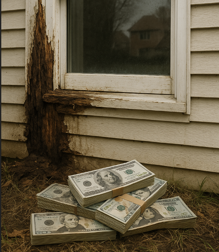 Stacks of U.S. $100 bills are piled outside against the damaged, rotting wooden siding below a window of a house. The scene looks neglected, with the money contrasting the decayed surroundings.