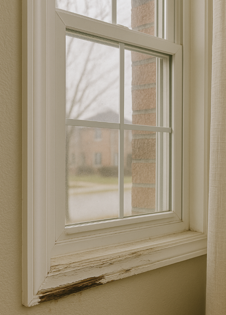 A close-up of a white window frame with a visible patch of water damage and discoloration on the windowsill. Outside, blurred houses and leafless trees can be seen on a cloudy day. A curtain hangs to the right.