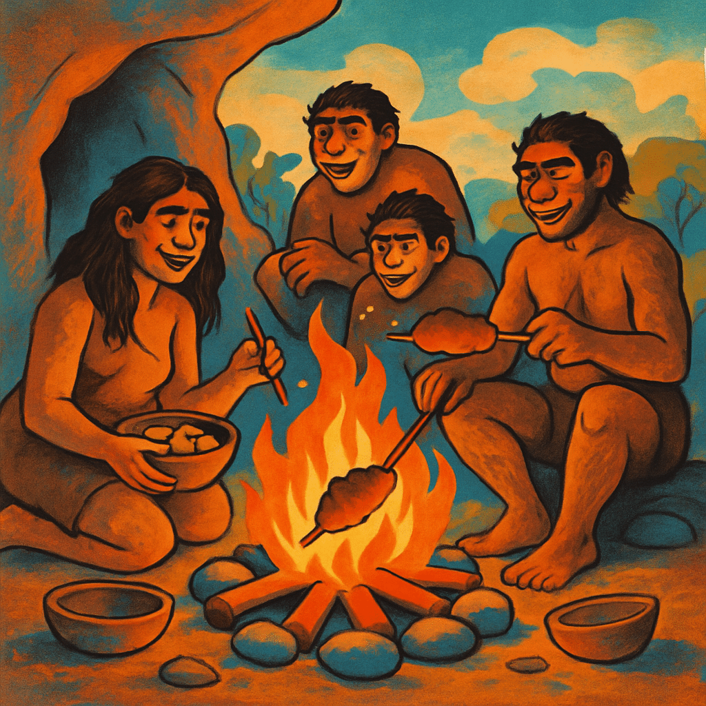 A group of four smiling prehistoric people sit around a campfire cooking food on sticks. One person holds a bowl, while others grill skewered meat. They appear relaxed and joyful, surrounded by rocks and bowls.