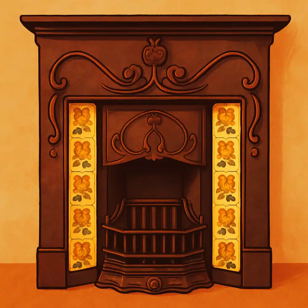 A vintage dark wood fireplace with ornate carvings and yellow floral tile panels on each side, set against a light tan wall and floor.
