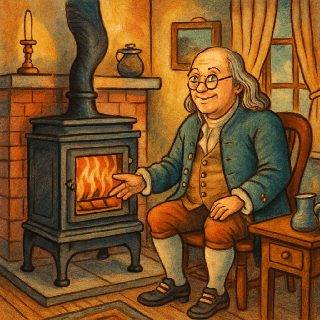 A man in colonial attire sits beside a wood stove with a visible fire, smiling and warming his hand. The cozy room has a candle, a jug on the mantel, curtains, and a chair by a wooden table.