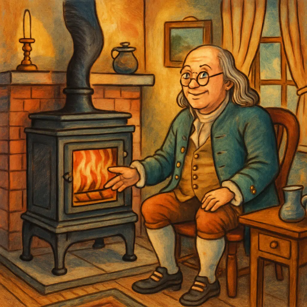 A man in colonial attire sits beside a wood stove with a visible fire, smiling and warming his hand. The cozy room has a candle, a jug on the mantel, curtains, and a chair by a wooden table.