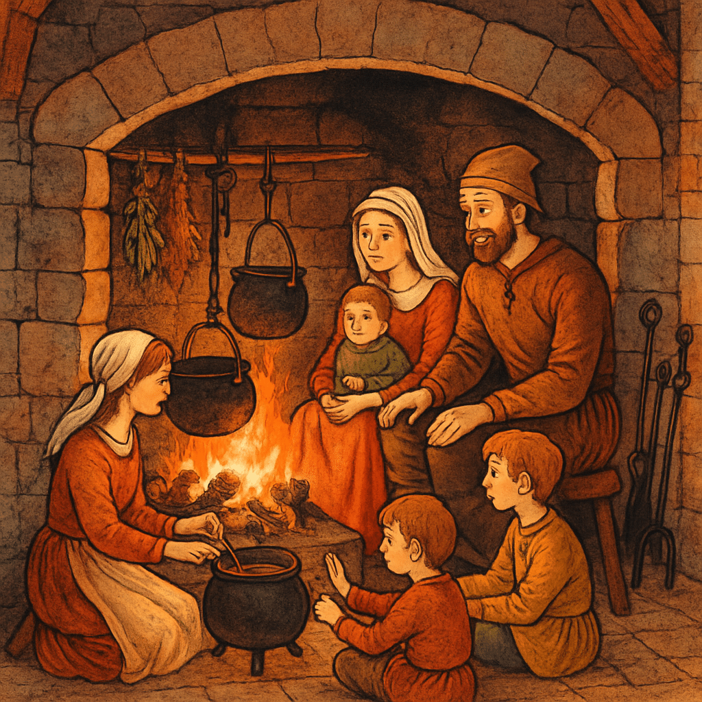 A medieval family sits by a stone fireplace, with two adults and three children. One woman cooks over a fire in hanging pots, while the others watch and warm themselves. The scene is cozy and warmly lit.