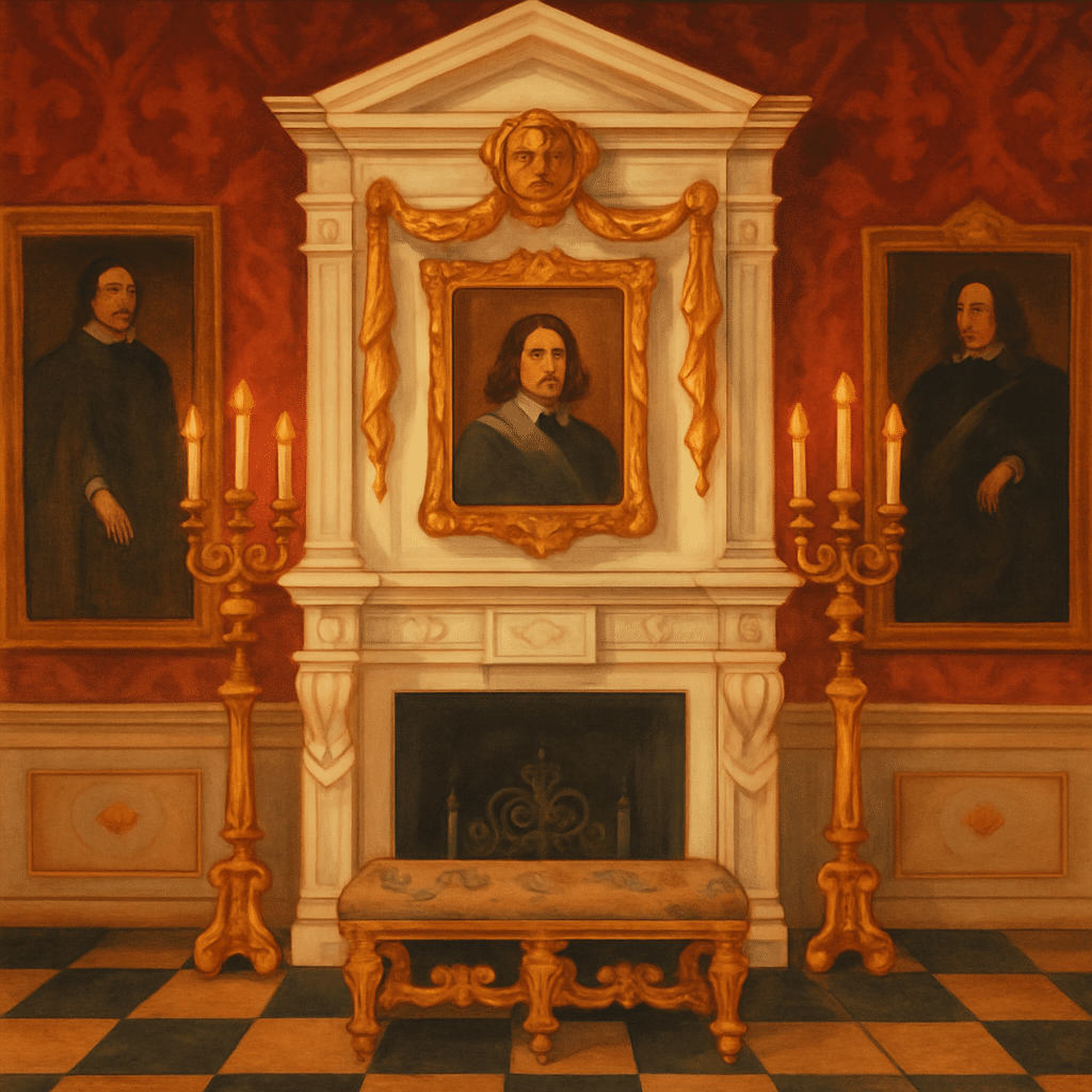 An ornate, historical room with red patterned walls, a white marble fireplace, gold candelabras, a checkered floor, and three portraits of a man in dark attire displayed above and beside the fireplace.
