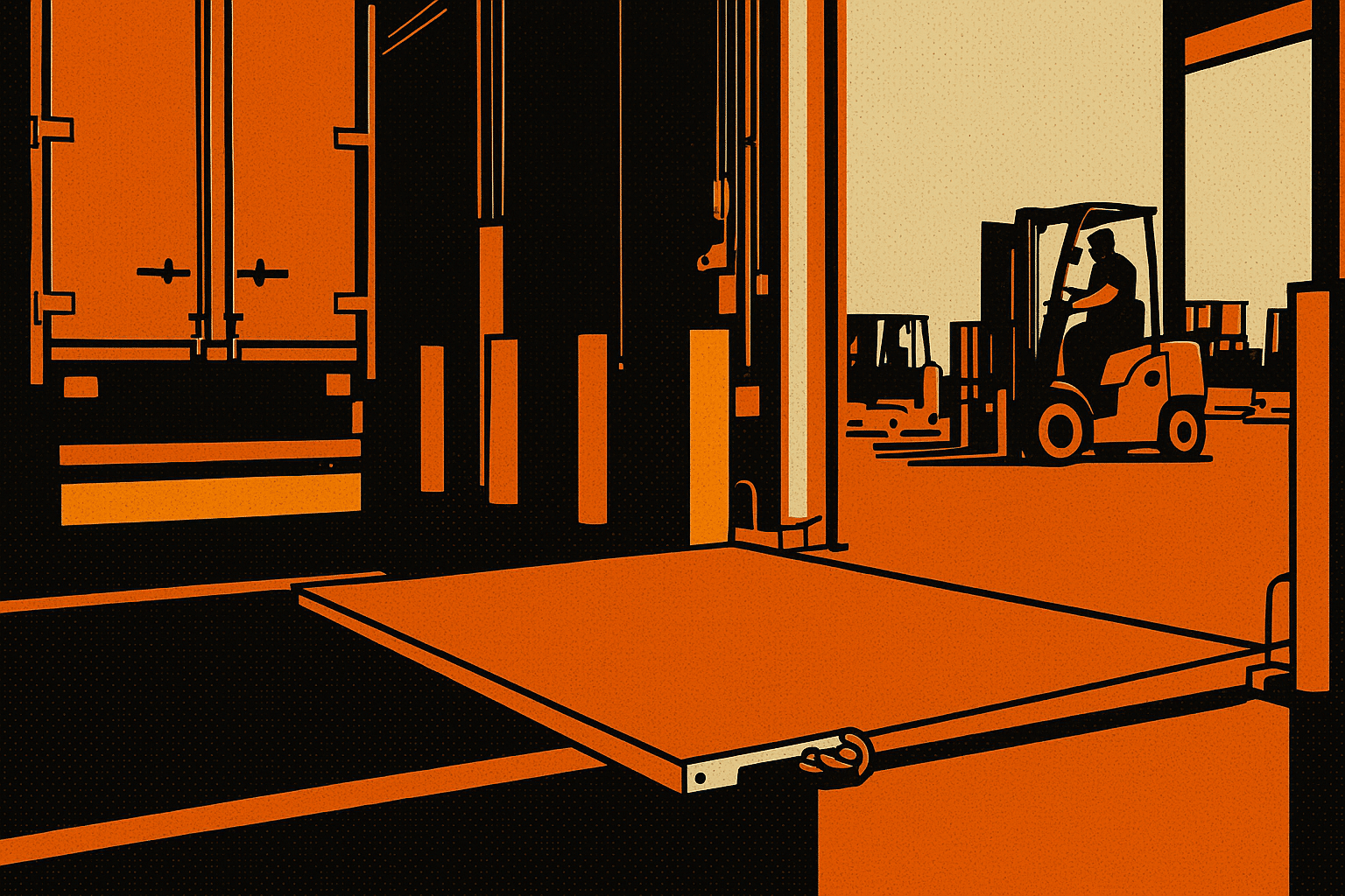 Stylized illustration of a loading dock with an open truck bay, a raised platform, and a person operating a forklift in the background. The color palette is dominated by orange, black, and beige tones.